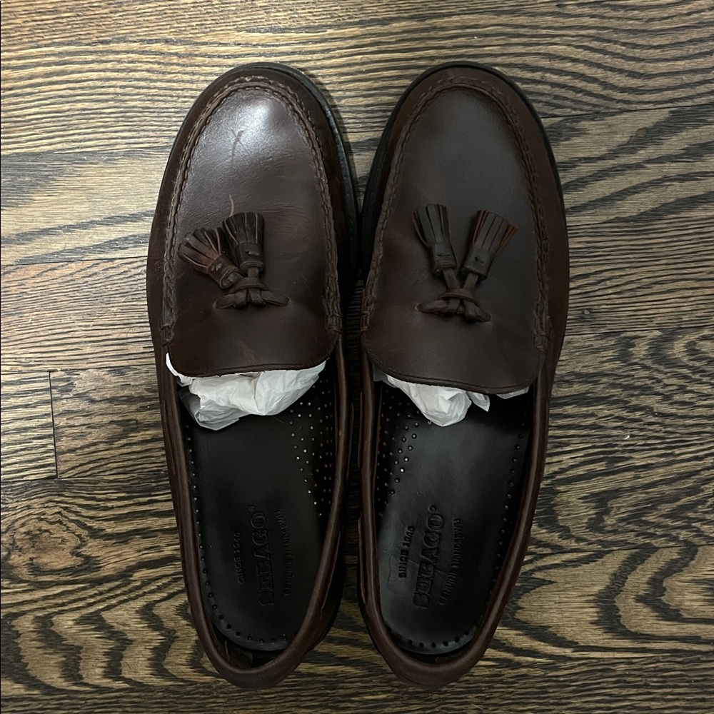 Sebago Dark Brown Tassel Men's Loafers, size 10, soft leather